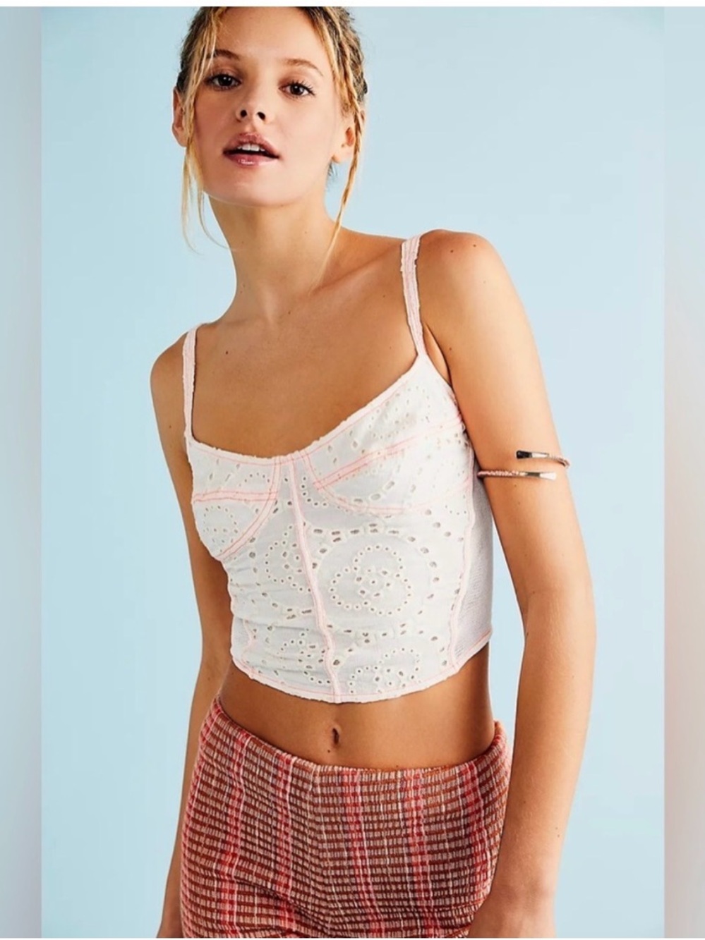 Free People White Eyelet Cropped Cami with Pink Trim